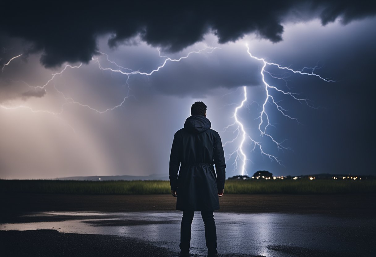 Uma pessoa em pé sozinha em uma tempestade, com relâmpagos piscando e nuvens escuras girando, seu rosto contorcido com emoções intensas.