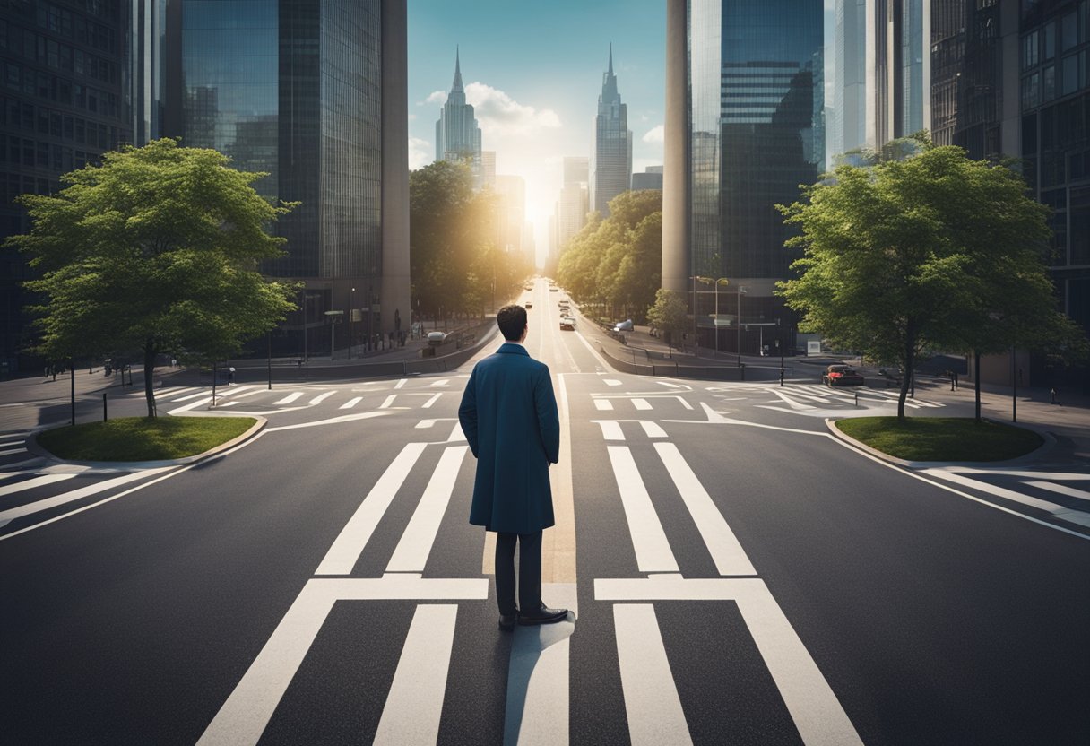 Uma pessoa em pé em uma encruzilhada, um caminho levando a uma cidade movimentada e o outro a uma floresta serena, simbolizando a busca por propósito e significado na vida através do trabalho e das escolhas de carreira.