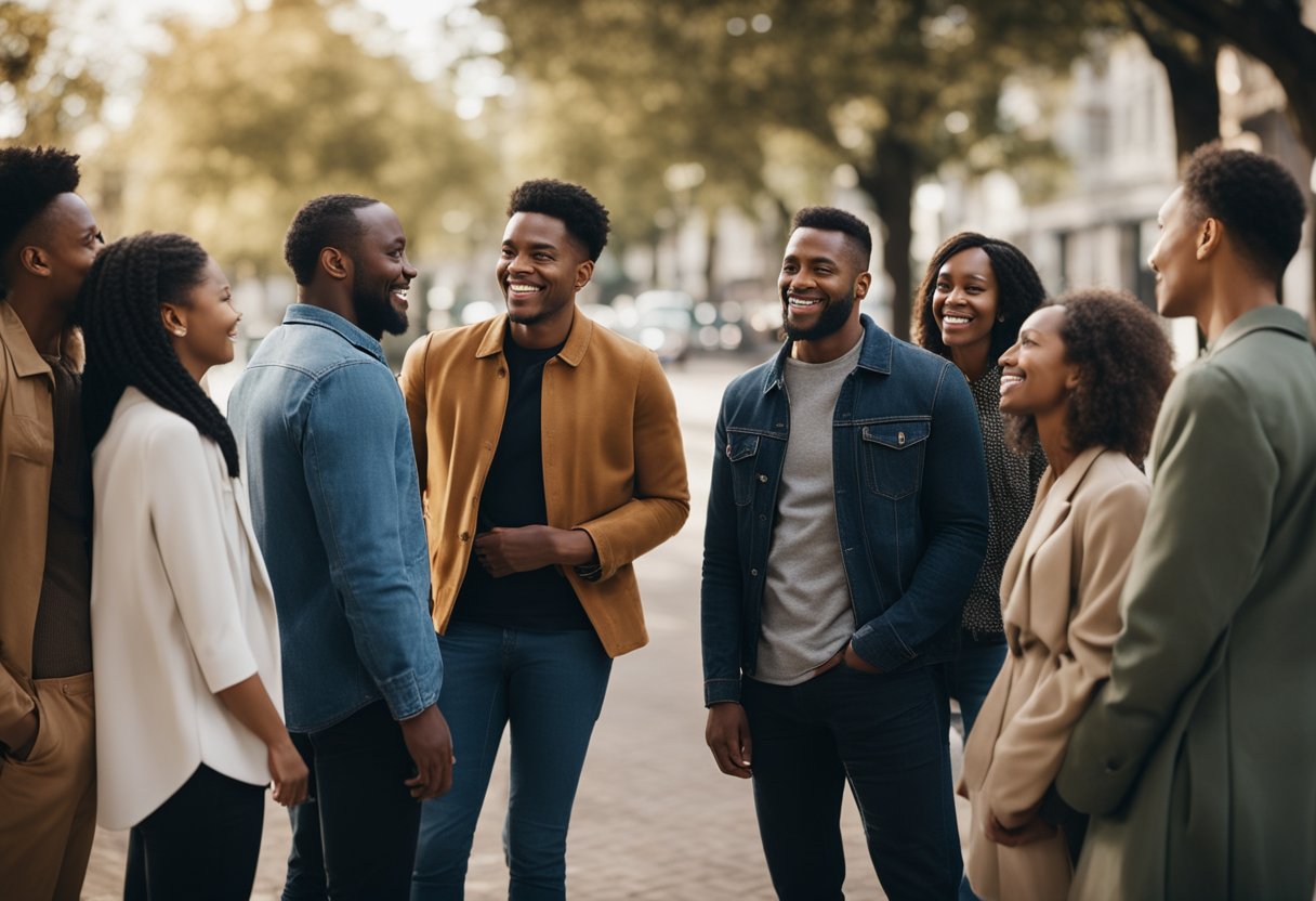 Um grupo de indivíduos diversos participa de conversas significativas, simbolizando a busca por propósito e significado na vida. A cena exala um senso de comunidade e exploração intelectual.