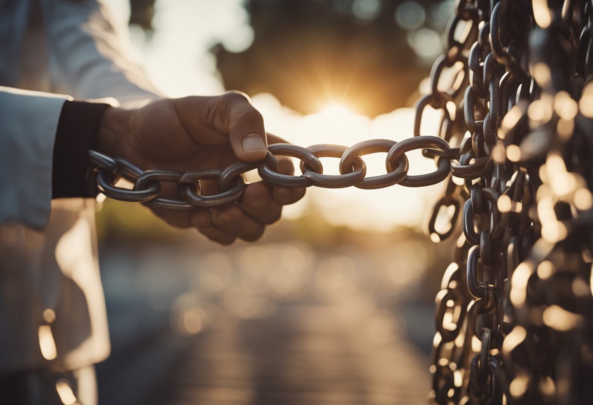 Uma pessoa rompendo correntes e barreiras, cercada por símbolos de riqueza e abundância, se livrando de sentimentos de inadequação e medo.