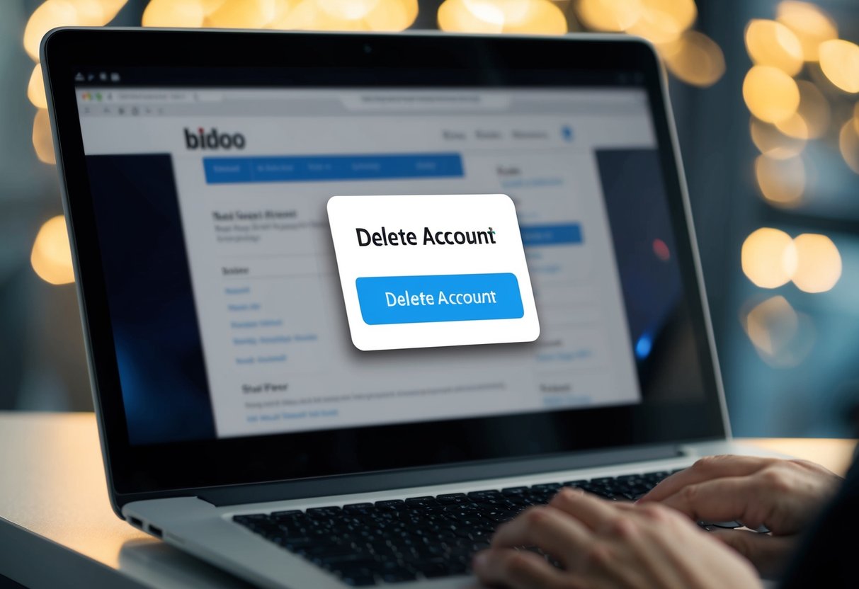 Uno schermo di computer che mostra un pulsante "elimina account" sul sito web di Bidoo, con un cursore che ci passa sopra