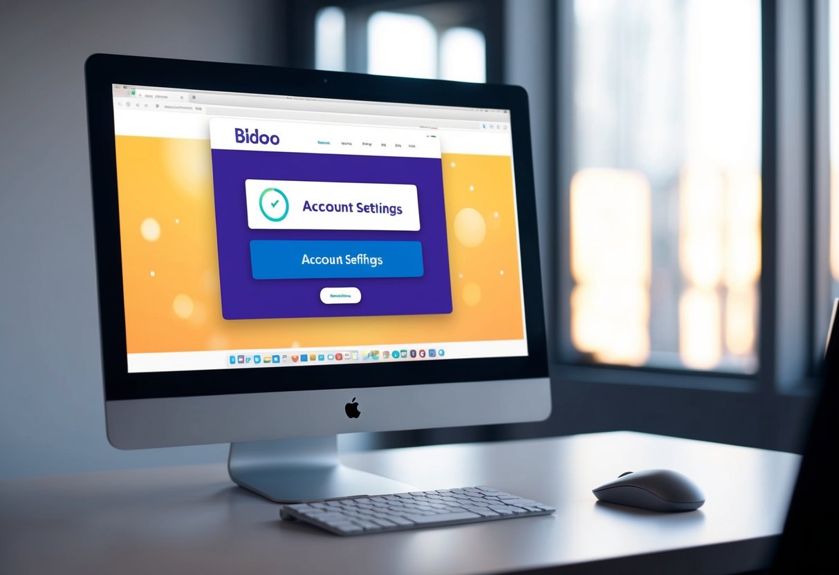 Uno schermo di computer che mostra il sito web di Bidoo con un cursore che passa sopra l'opzione "Impostazioni dell'account". Un mouse è posizionato accanto alla tastiera.