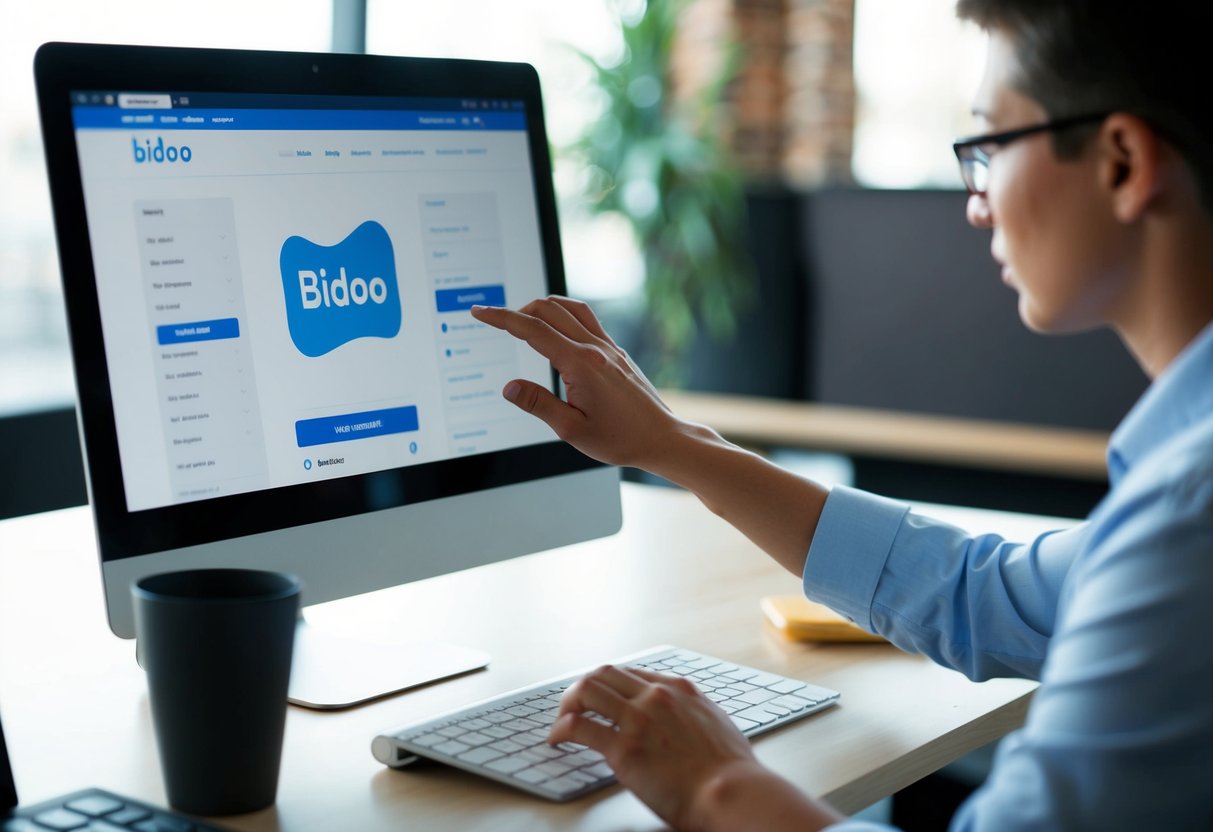 Una persona a una scrivania, che utilizza un computer per accedere al sito web di bidoo. Sta navigando tra le impostazioni dell'account e cliccando sull'opzione per eliminare il proprio account.