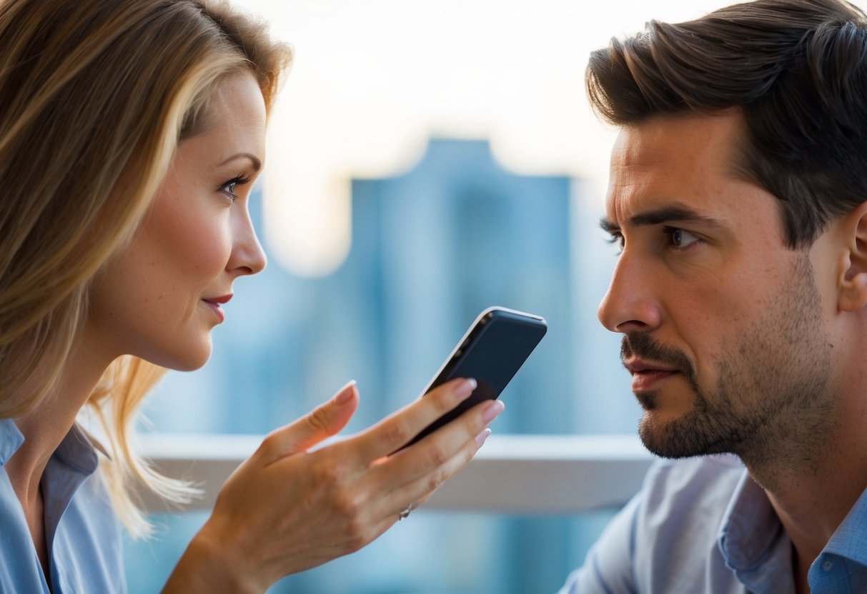 La mano di una donna che si avvicina al telefono del marito, mentre lui guarda via con sospetto