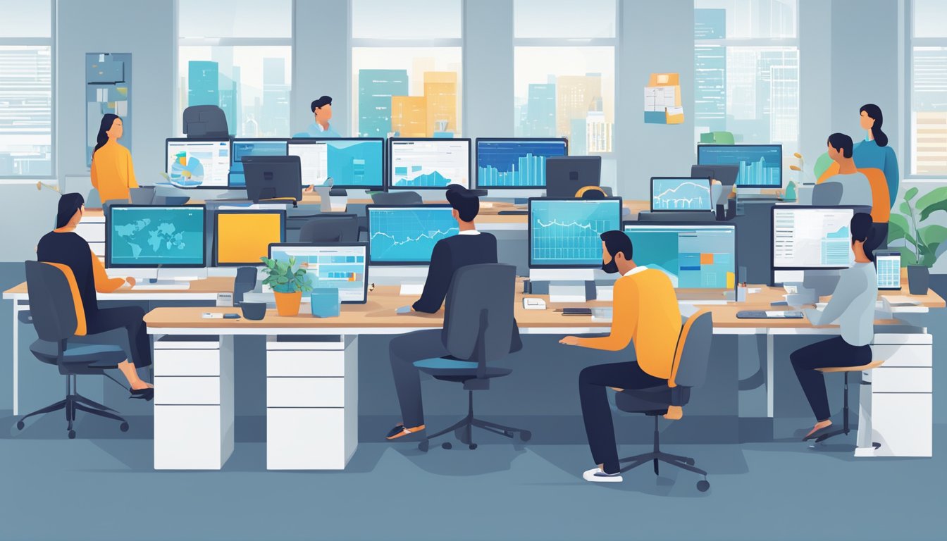 Et travelt kontor med ansatte ved skrivebordene, som interagerer med datamaskiner og telefoner, mens en stor digital skjerm viser kundedata og analyser.