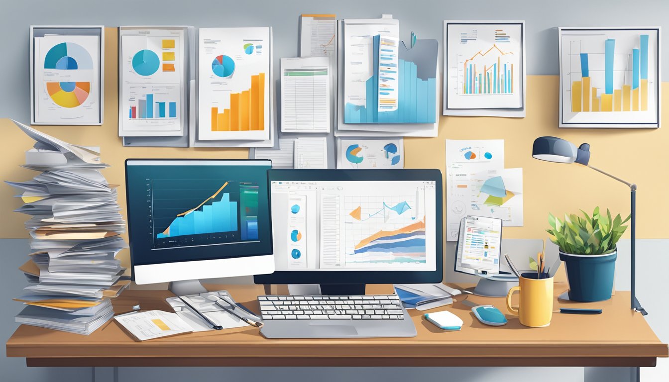 Et rotete skrivebord med en datamaskin, telefon og mappemapper, omgitt av diagrammer og grafer på veggen