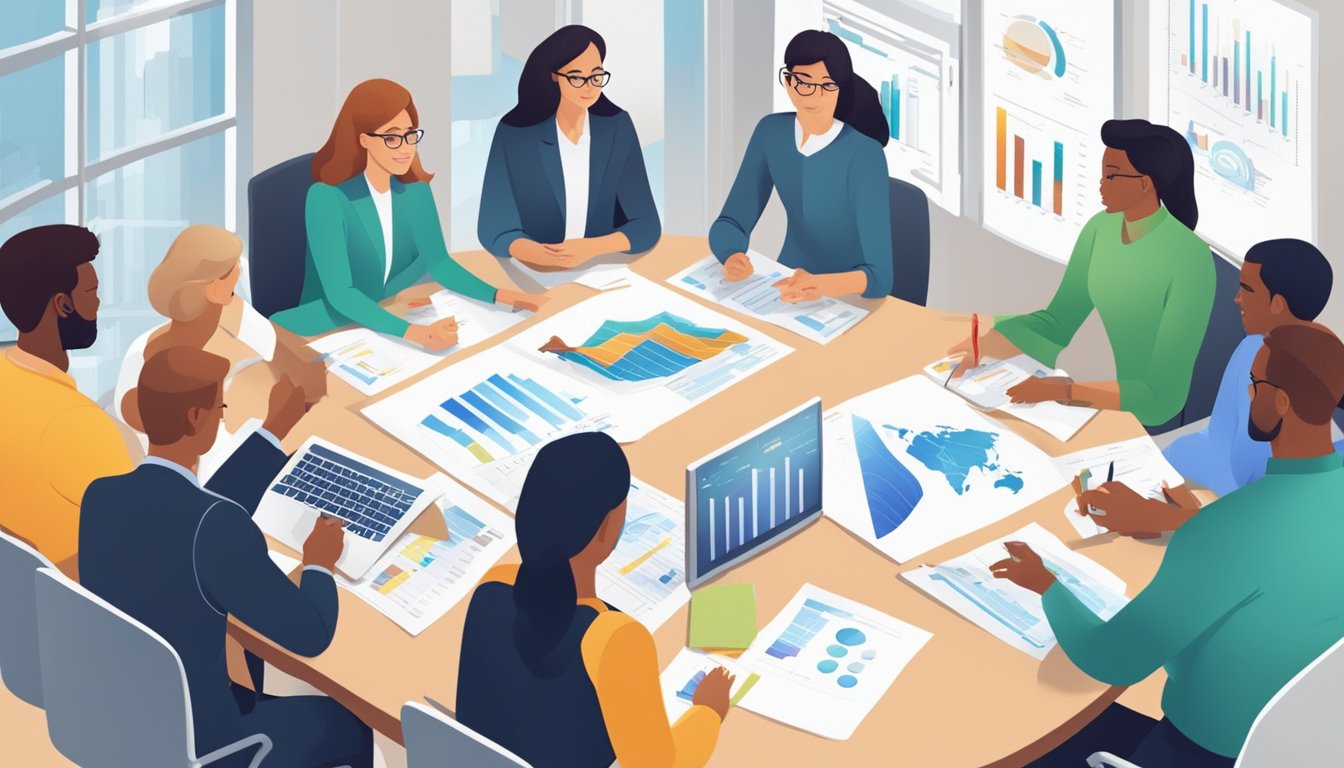 En gruppe mennesker som deltar i en diskusjon rundt et bord, med diagrammer og grafer vist på en skjerm i bakgrunnen