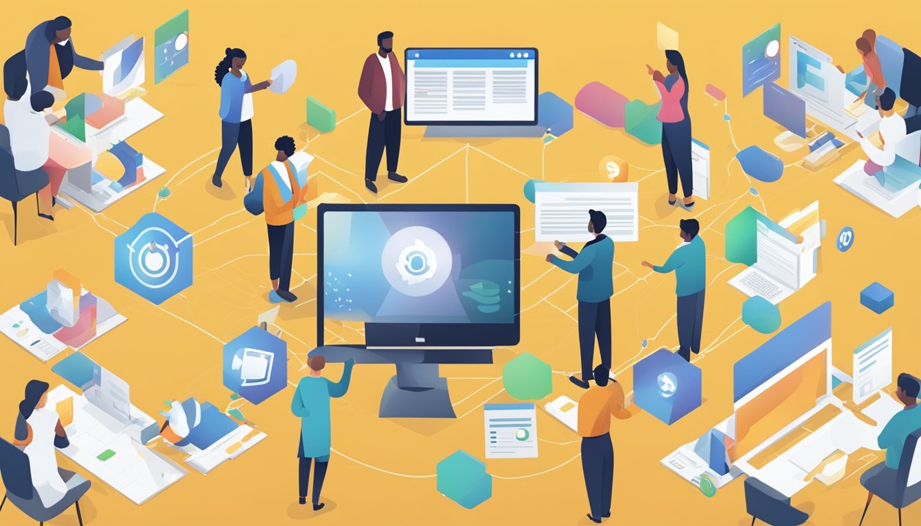 En gruppe mennesker som samarbeider rundt et digitalt CRM-system, utveksler informasjon og jobber sammen