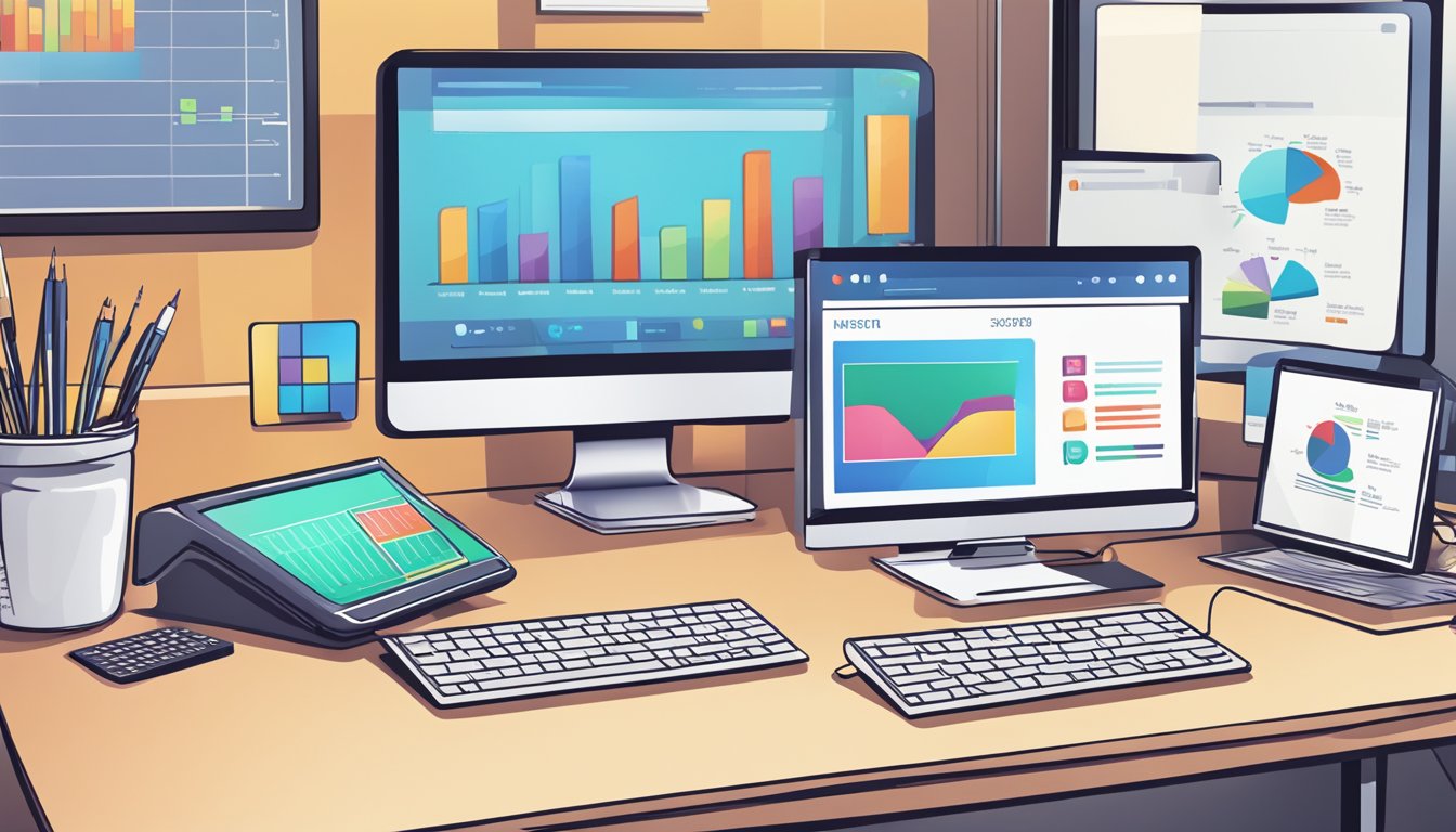 Et skrivebord med en datamaskin, notatbok og penn. En veggmonter viser grafer og diagrammer. En telefon og CRM-programvare er synlig.