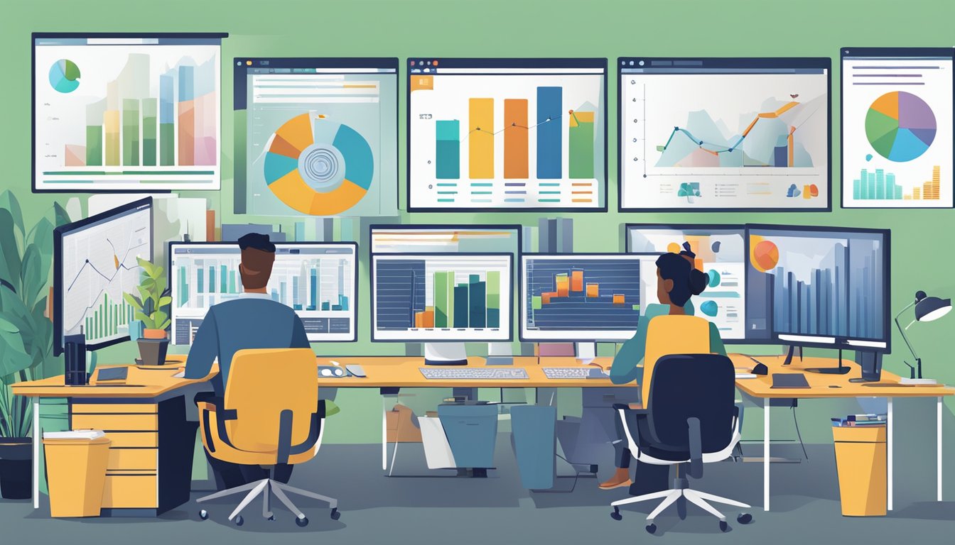 En mangfoldig gruppe fagfolk som jobber sammen på ulike prosjekter, med diagrammer og grafer vist på dataskjermer rundt om på kontoret.