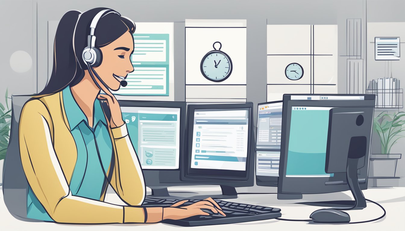 En kundeservicerepresentant som besvarer telefonanrop og e-poster foran en dataskjerm som viser et grensesnitt for ofte stilte spørsmål i CRM.
