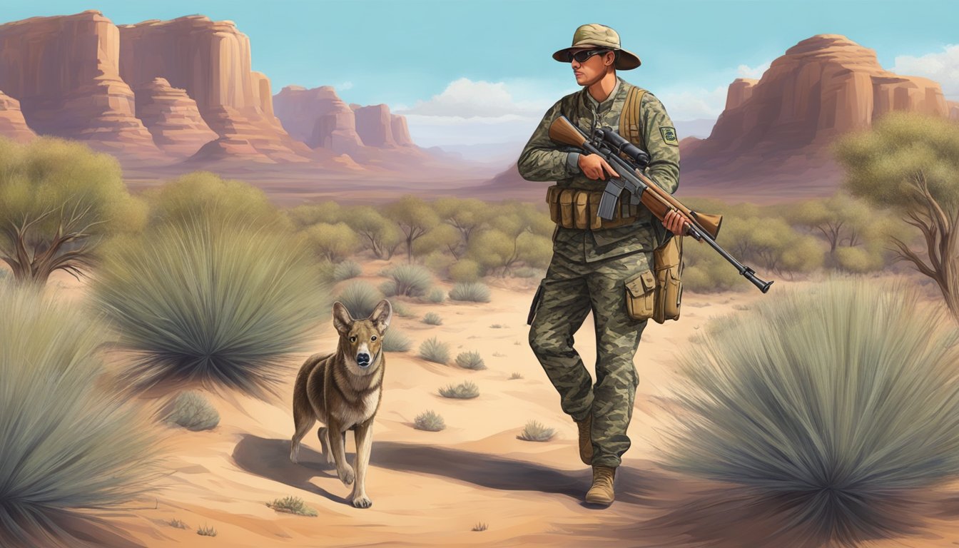 A hunter in camouflage navigating through a desert landscape with a rifle, while observing the Arizona Hunting Regulations