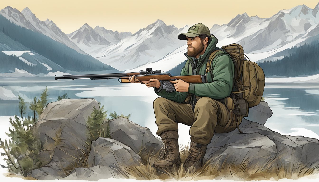 A hunter studying a map of Alaska with a rifle and gear nearby