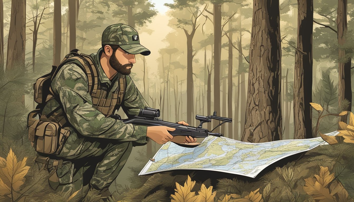 A hunter in camouflage with a rifle in hand, surrounded by trees and wildlife, checking a map for Alabama hunting seasons