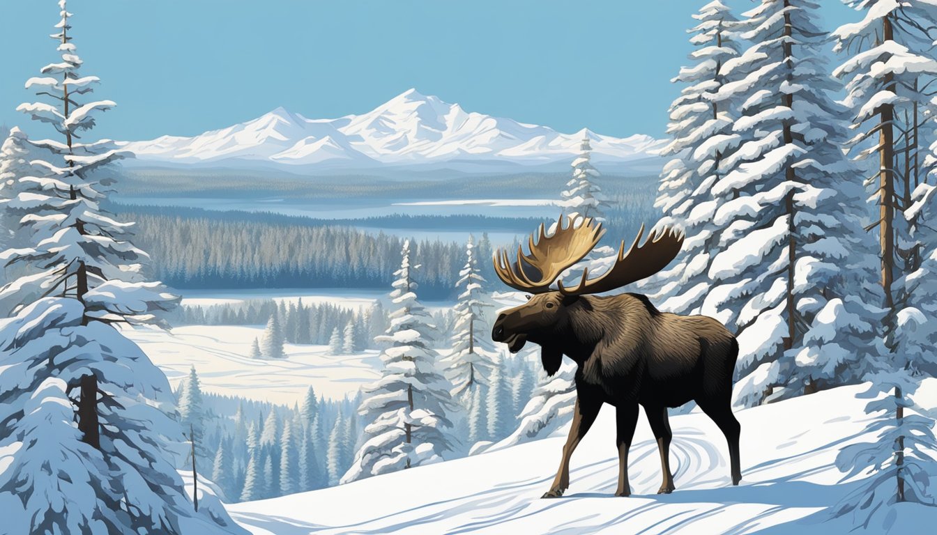 A snow-covered landscape with a moose and a bear in the distance, surrounded by pine trees and a clear blue sky