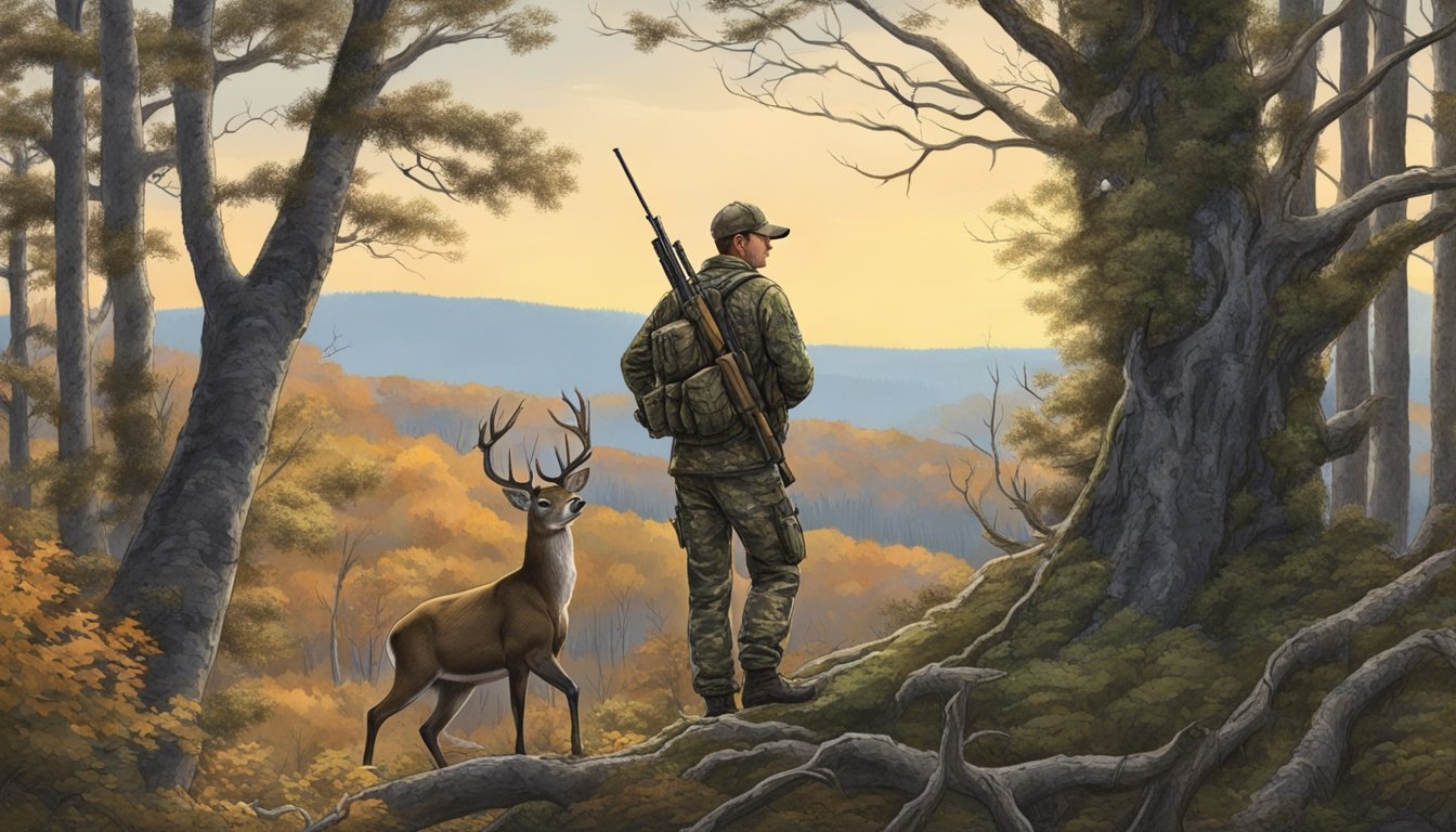 A hunter in camouflage waits in a tree stand overlooking a clearing, rifle at the ready, as deer graze below