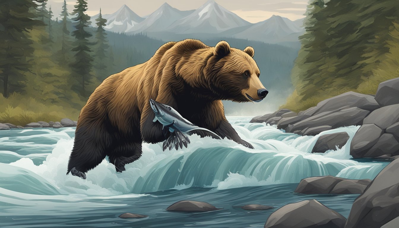 A bear catching a salmon in a rushing river during the Alaskan hunting season