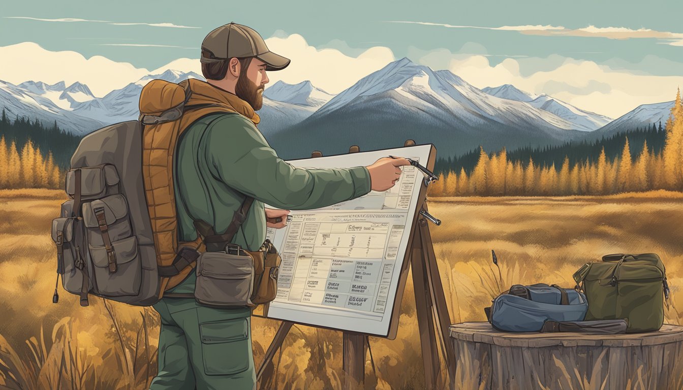 A hunter holding a rifle and standing next to a sign displaying hunting bag limits and harvest reporting information in the Alaskan wilderness