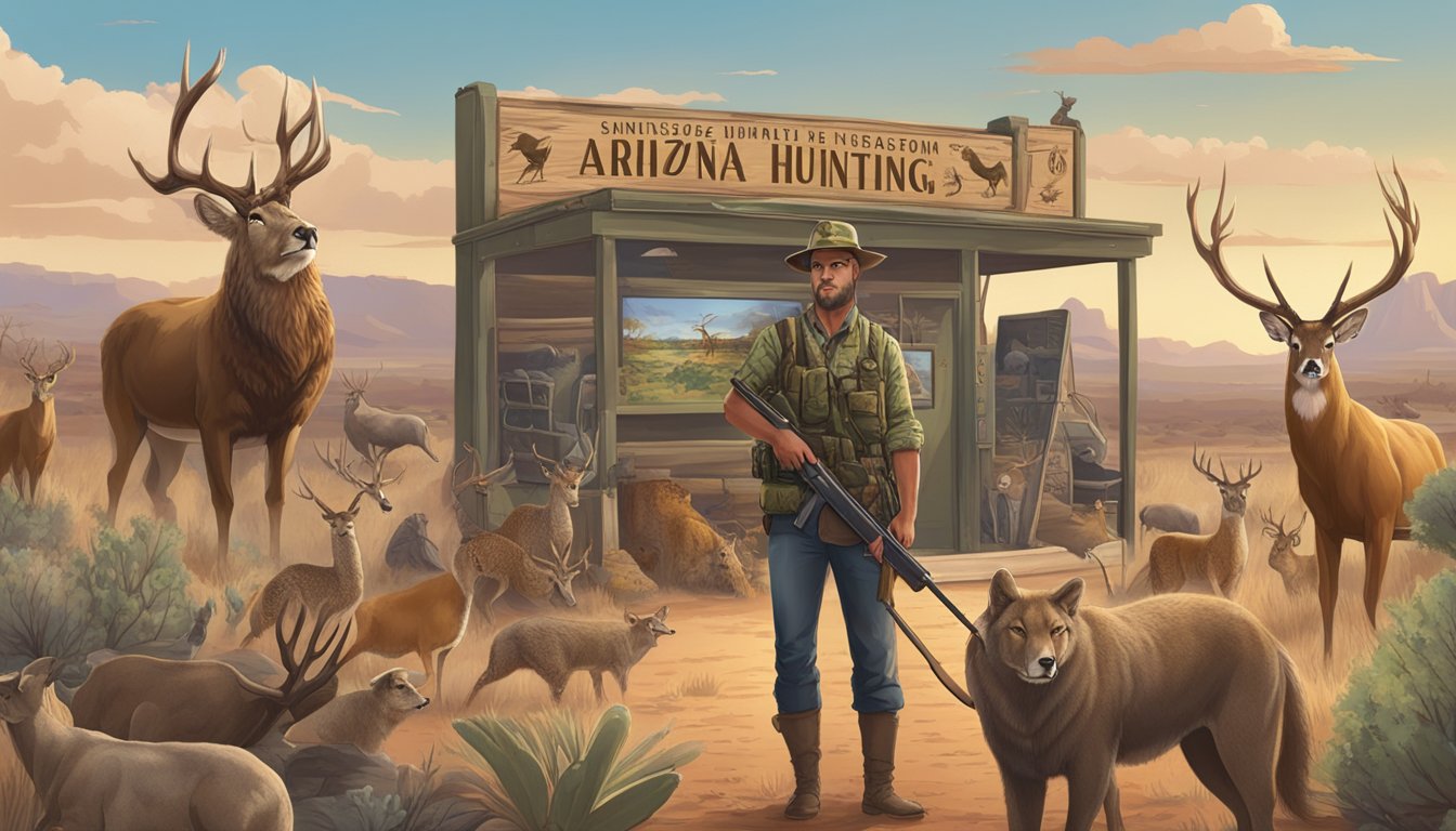 A hunter holding a rifle and standing in front of a sign displaying the Arizona hunting seasons, with various animals in the background