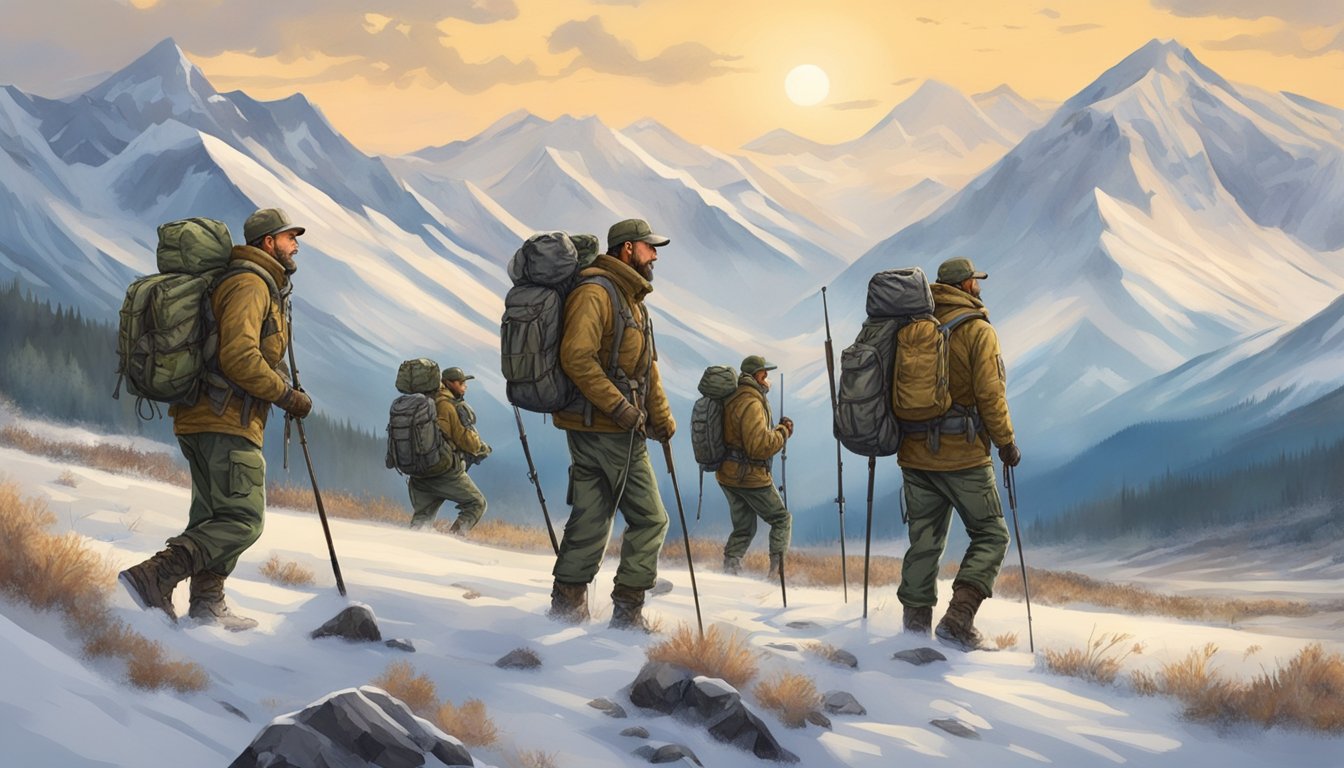 A group of hunters in camouflage gear trek through rugged Alaskan terrain, with snow-capped mountains in the distance and a vast expanse of wilderness around them