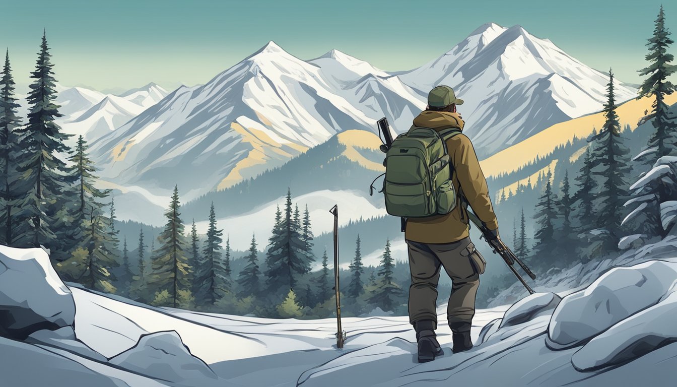 A hunter tracking through a dense Alaskan forest, with snow-capped mountains in the background, searching for invasive species during hunting season