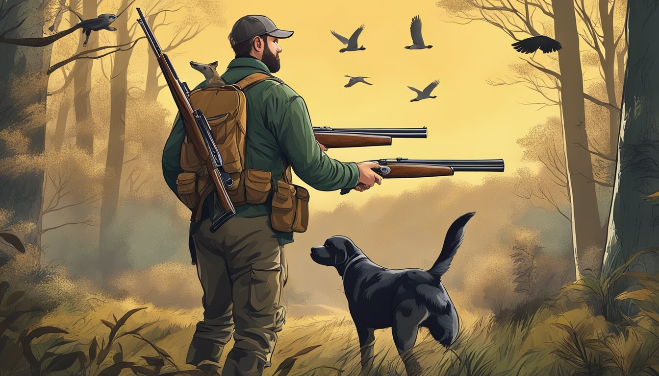 A hunter with a shotgun and a dog in a wooded area, with small game birds flying overhead