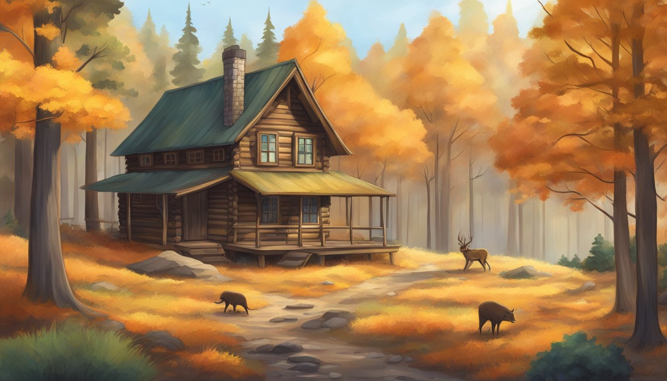 A serene forest with autumn leaves, a hunter's cabin, and wildlife in California