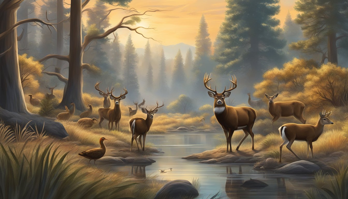 A serene forest with a variety of wildlife, including deer, turkeys, and ducks, set against the backdrop of the California landscape during hunting season