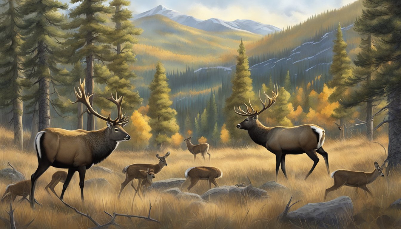 A group of wildlife, including deer, elk, and birds, roam through a forested area in Colorado during hunting season