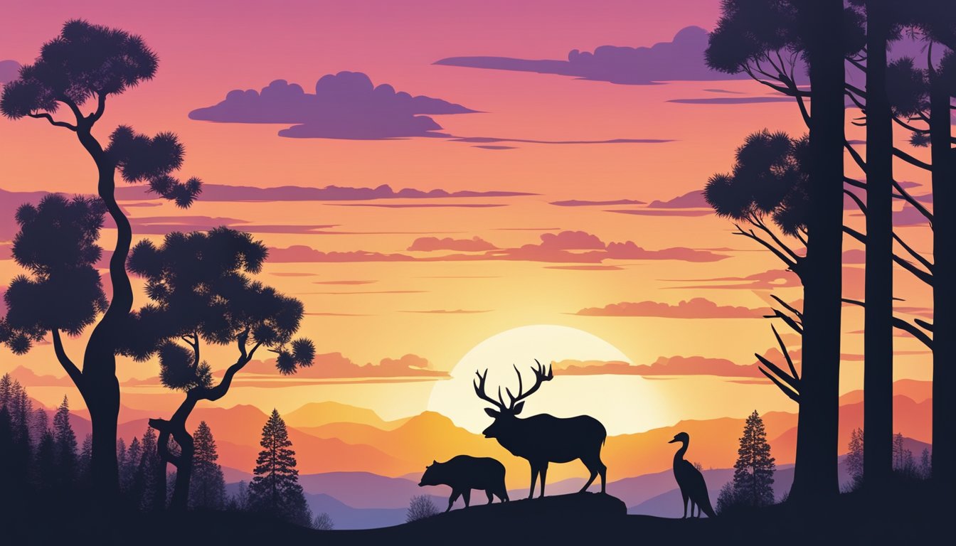 The sun sets over a serene California landscape, with silhouettes of trees and wildlife against a colorful sky