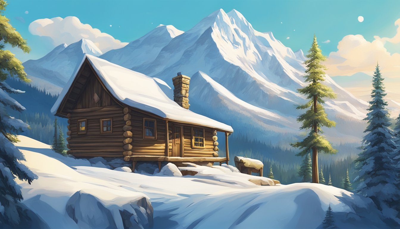 A serene forest with a hunter's cabin nestled among the trees, surrounded by snow-capped mountains under a clear blue sky