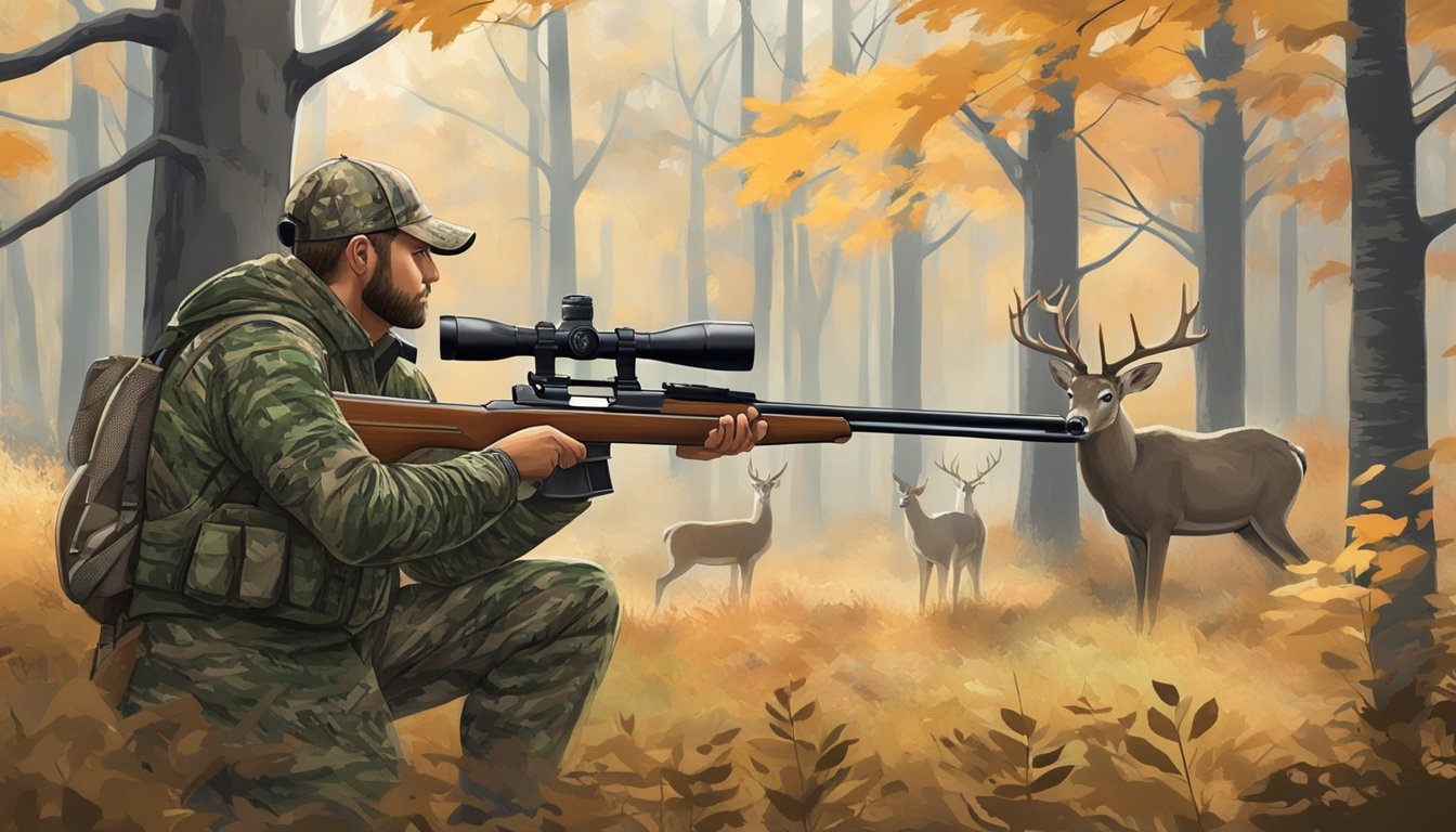 A hunter in camouflage aiming a rifle at a deer in a forest clearing during Connecticut hunting season