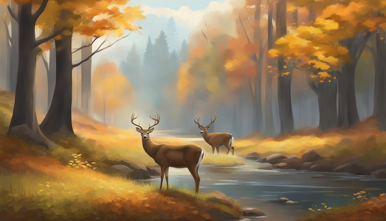 A serene forest clearing with a deer grazing peacefully, surrounded by trees in the midst of fall foliage