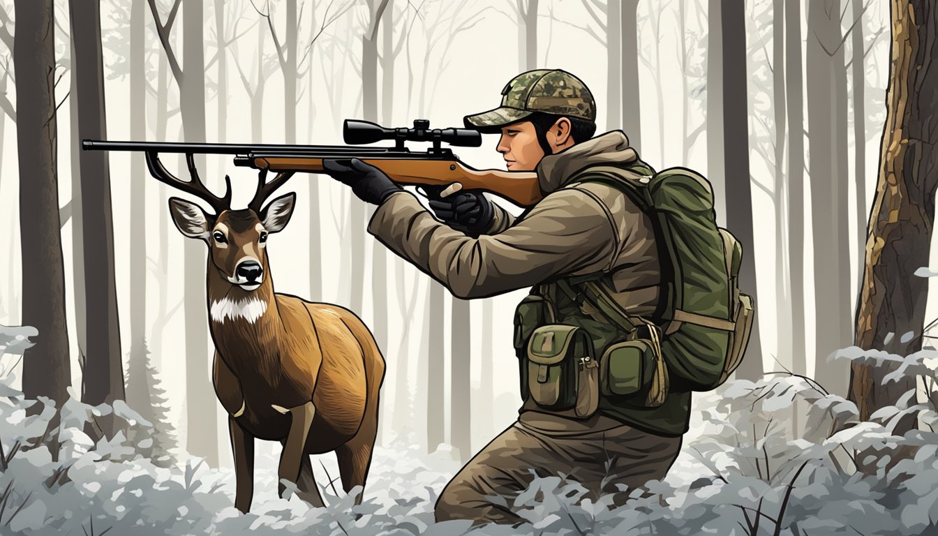 A hunter in camouflage aiming a rifle at a deer in a forest clearing during Delaware's hunting season