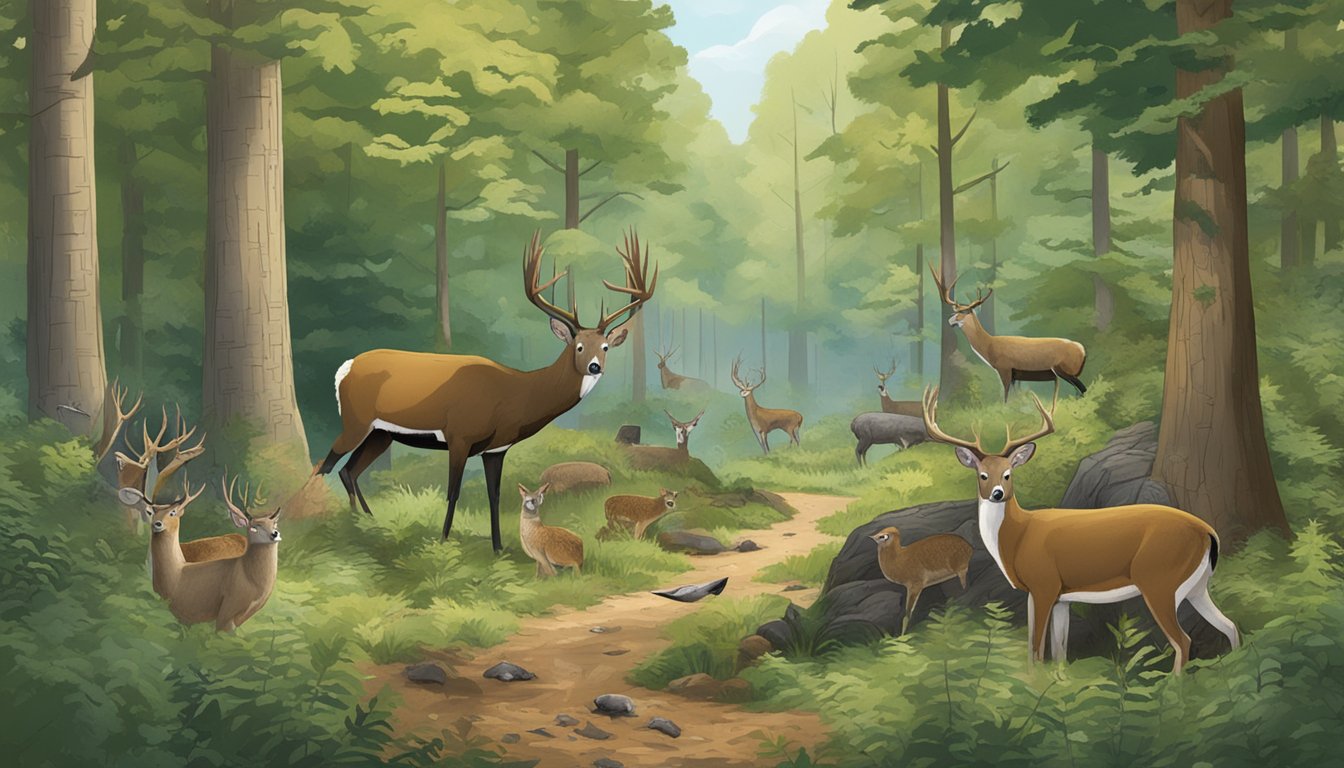 A serene forest clearing with a variety of game species, surrounded by signs displaying hunting regulations for the District of Columbia