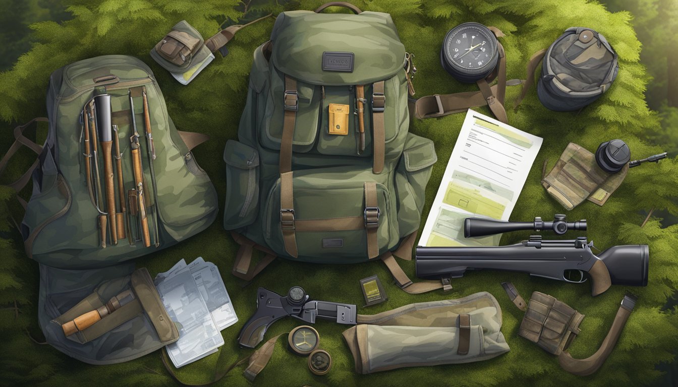 A hunter's gear laid out in a forest clearing, including a rifle, camouflage clothing, and hunting license pinned to a backpack