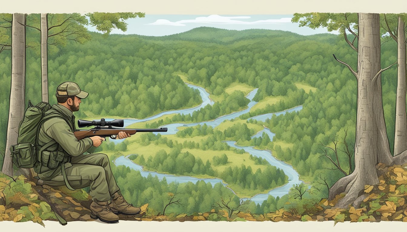 A forest clearing with a hunter's rifle, camouflage gear, and a map of Connecticut hunting seasons