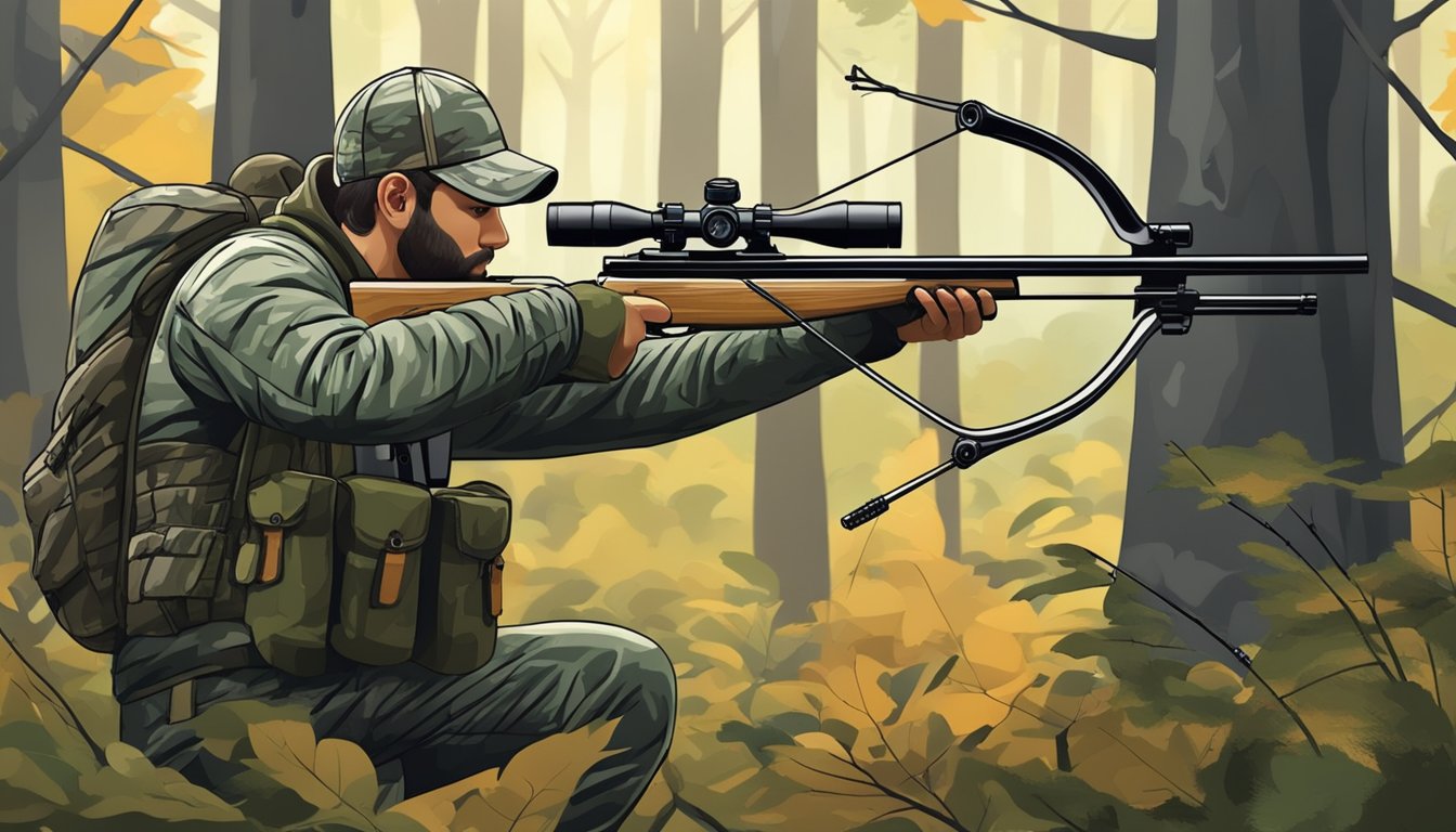 A hunter in camouflage using a crossbow to track deer in a dense forest during the hunting season