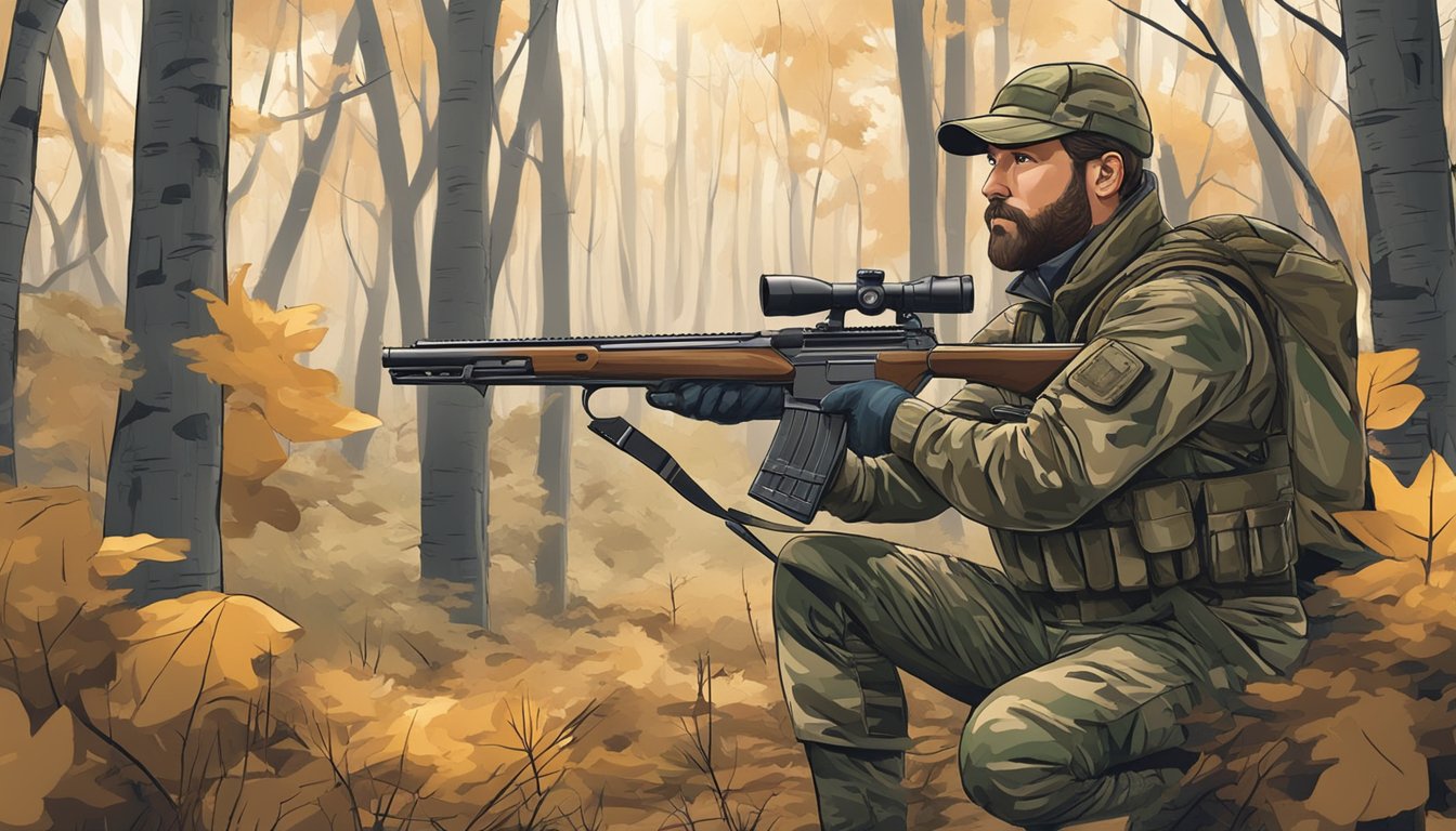 A hunter in camouflage holding a rifle in a wooded area during hunting season in the District of Columbia