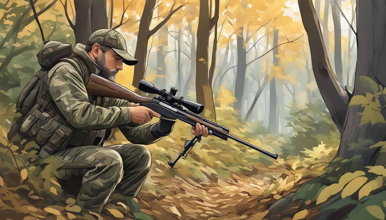 A hunter in camouflage, rifle in hand, quietly stalking through dense woods in the Public Land district of Columbia during hunting season