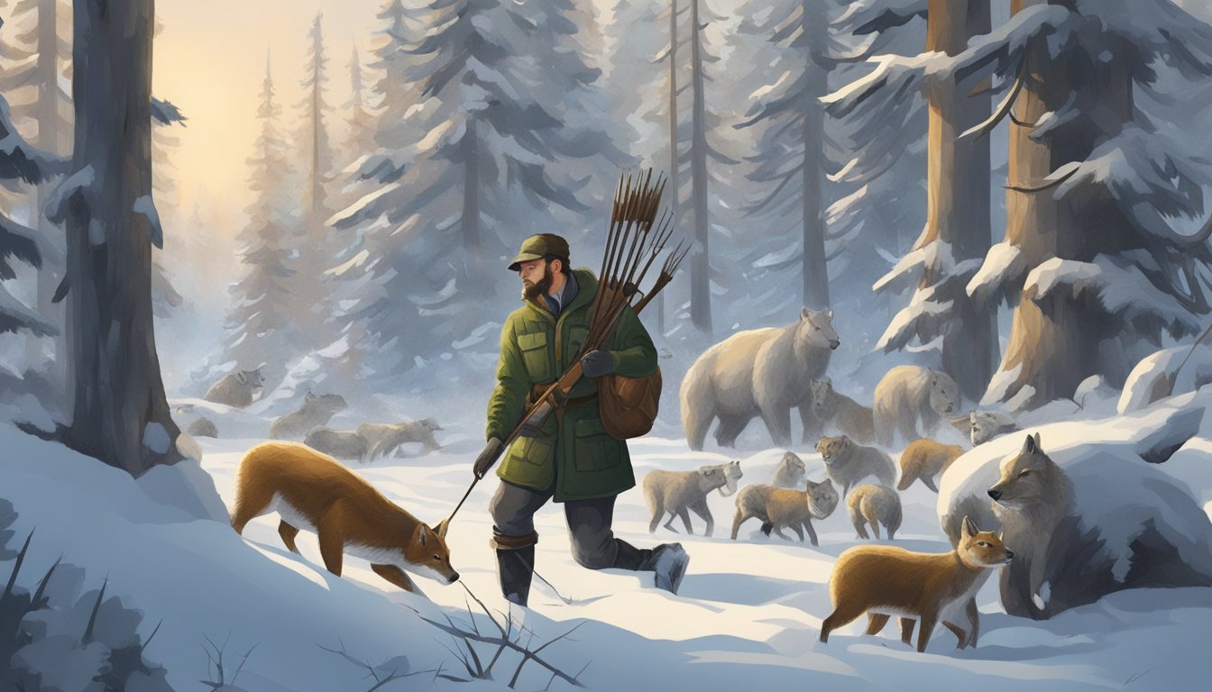 A hunter setting traps in a snowy forest, with a variety of furbearing animals in the background