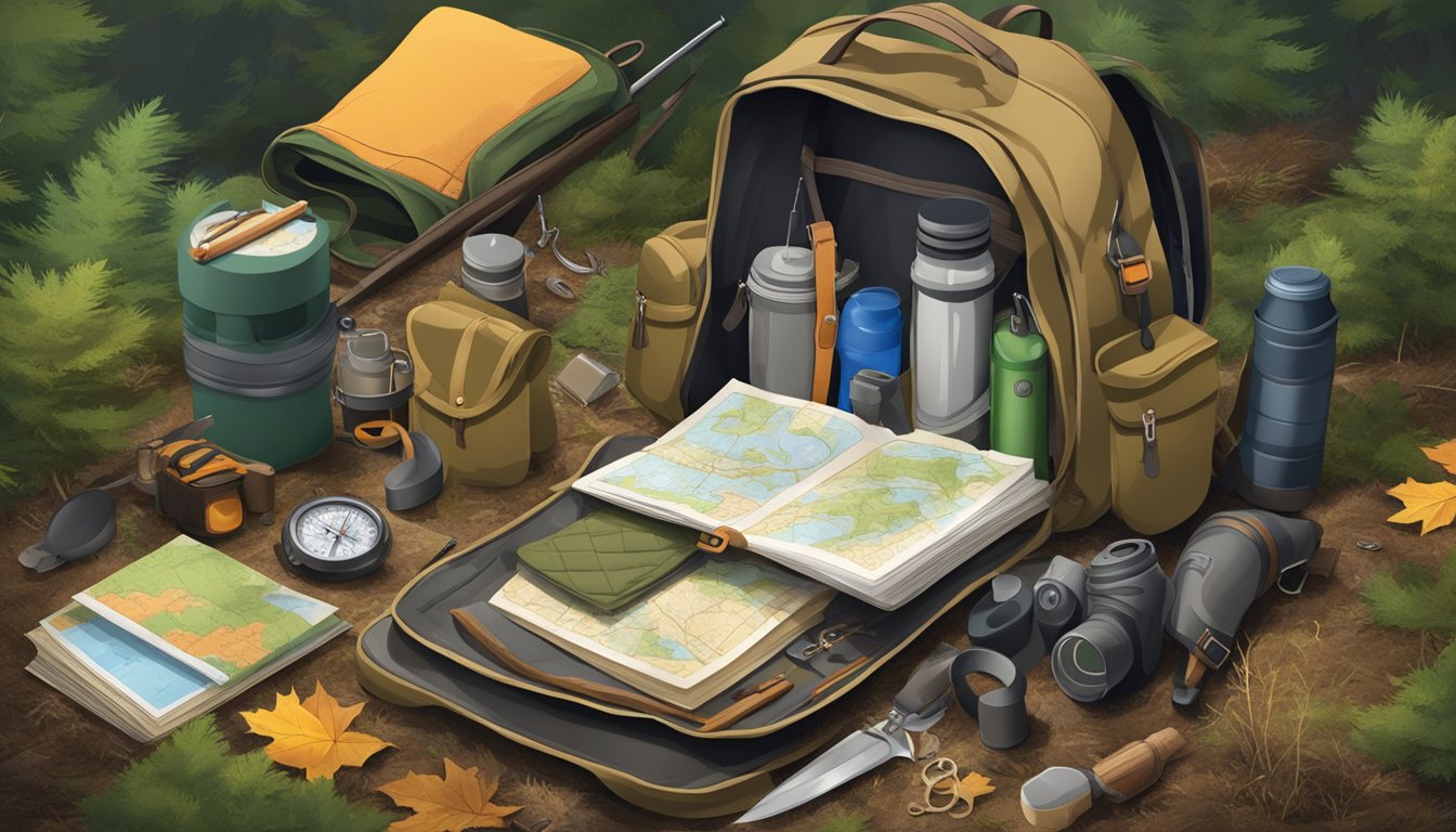 A hunter's backpack open on the forest floor, with maps, compass, and various tools scattered around