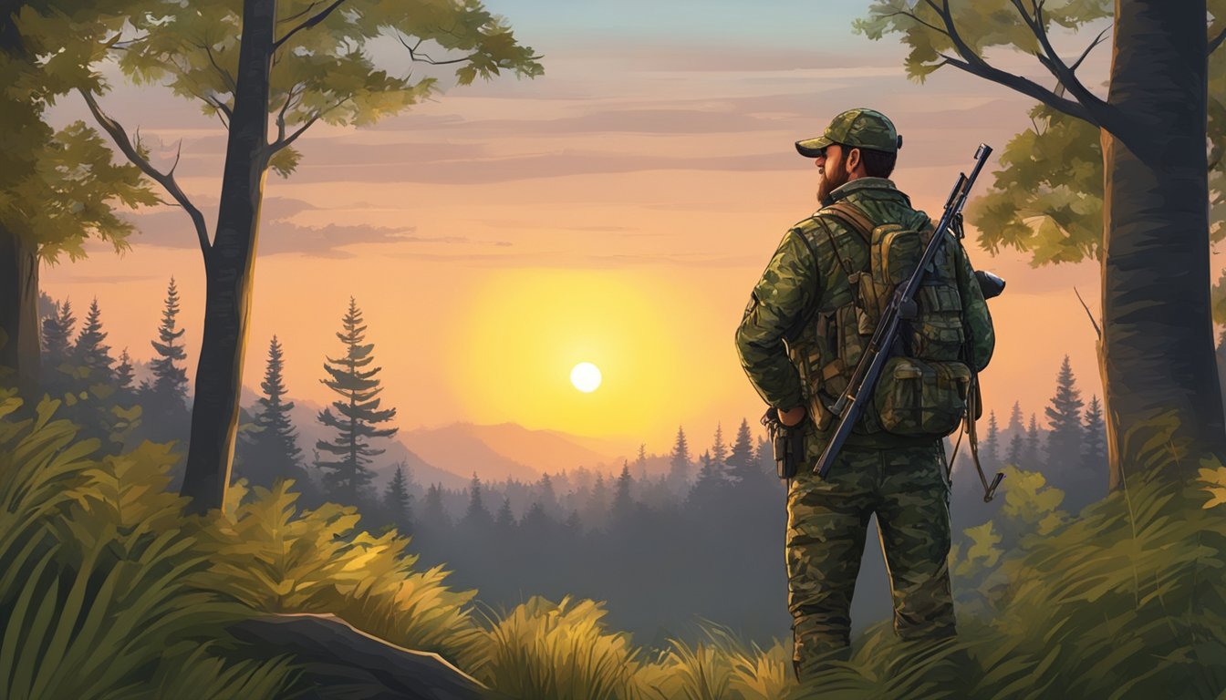 A hunter in camouflage gear silently waits in a leafy forest, bow in hand, as the sun sets over the horizon