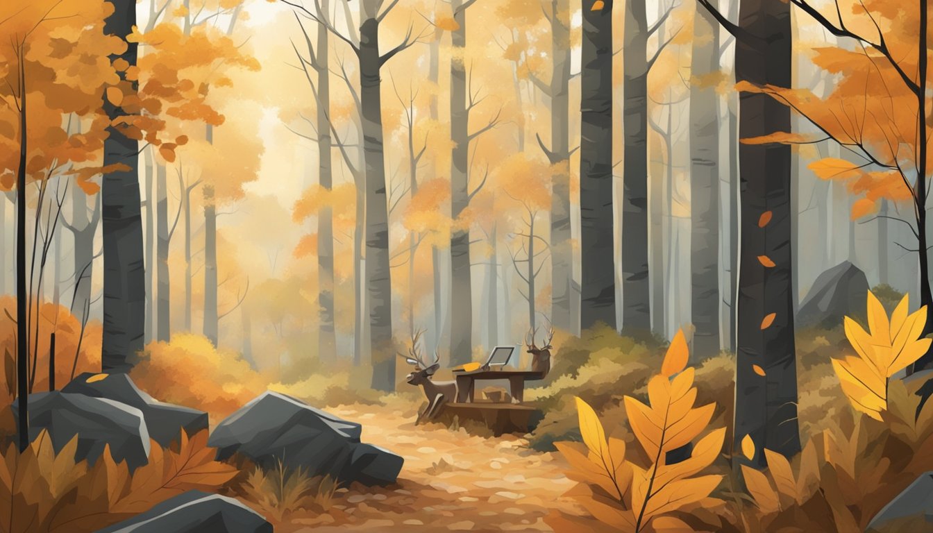 A forest with changing leaves, a hunter's blind, and a calendar marked with hunting seasons