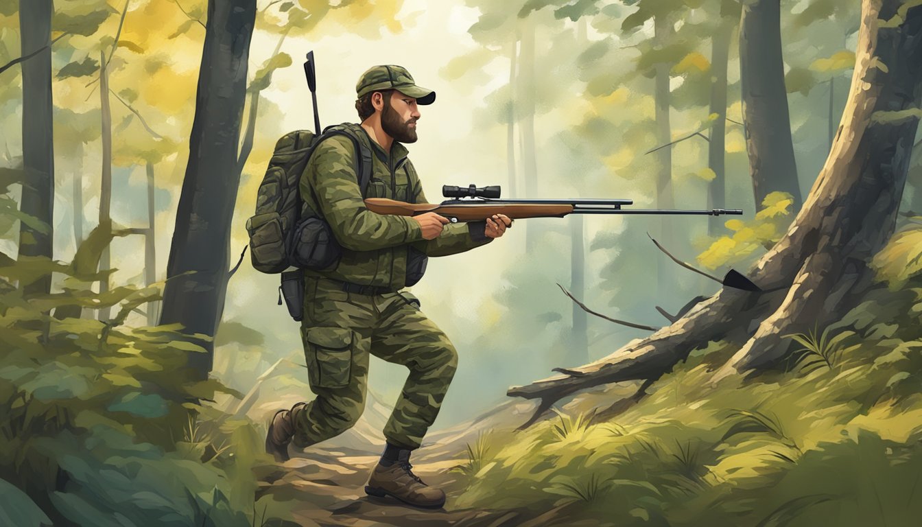 A hunter in camouflage gear carefully navigates through the dense forest, rifle in hand, while being mindful of his surroundings and adhering to hunting regulations