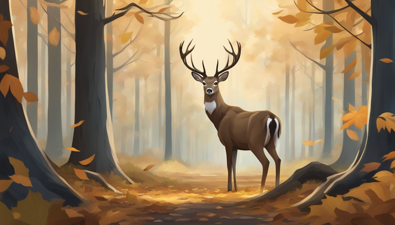 A deer standing in a forest, surrounded by fallen leaves and tall trees. The deer's ears are perked up, alert and ready for hunting season