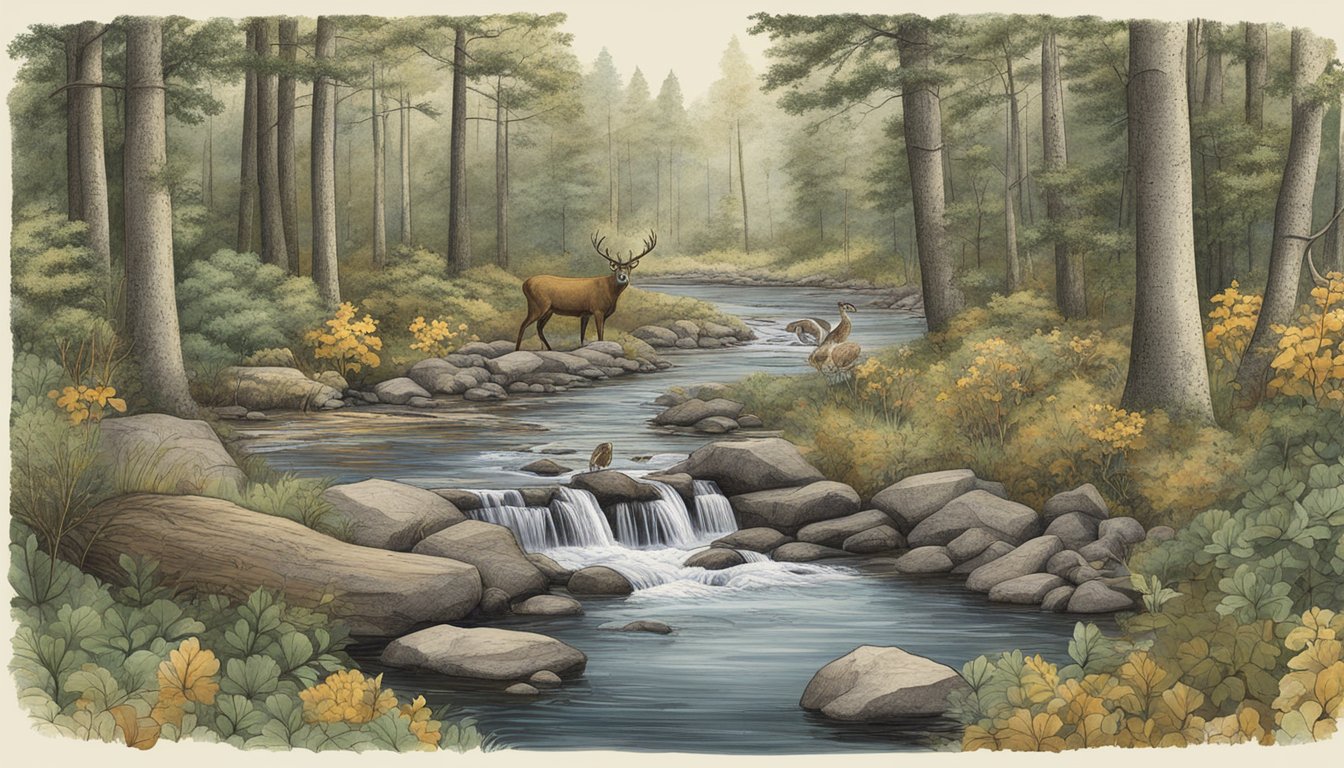 A serene forest scene with wildlife, trees, and a small stream, featuring a collection of conservation stamps and contributions for Connecticut hunting seasons