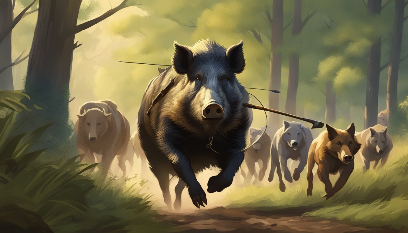 A wild boar dashing through a lush forest, pursued by a pack of hunting dogs, under the watchful eye of a hunter with a bow and arrow