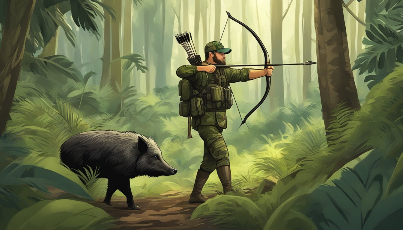 A hunter in camouflage using a bow and arrow to stalk a wild boar in the dense Hawaiian forest during hunting season