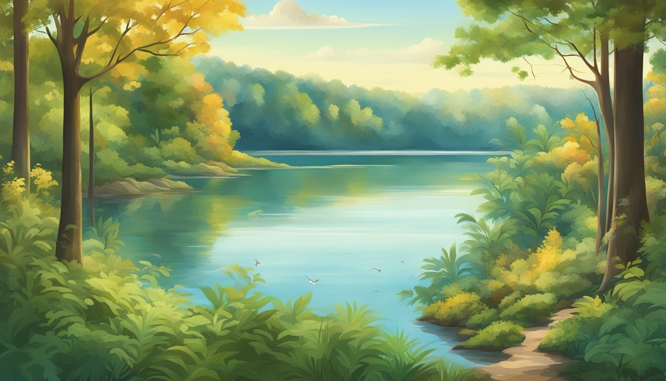 A lush forest with changing foliage, a serene lake, and various wildlife, set against a backdrop of clear blue skies and warm sunshine